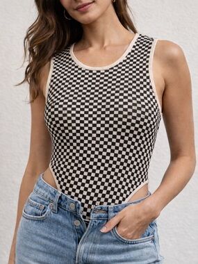 4th & Reckless Checkerboard Knit Bodysuit Black White XS